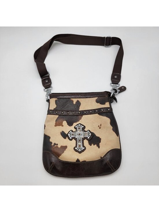Handbags - Cowhide Print Crossbody Purse With Studded Cross Embellishment